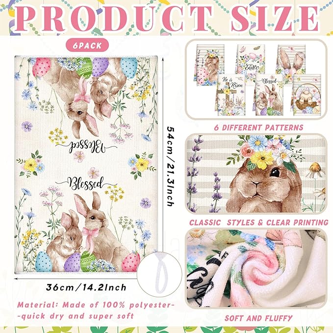 Breling Set of 6 Easter Decorations Happy Easter Kitchen Towels Rabbit Dish - Image 2