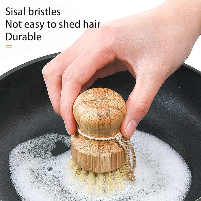 Natural Sisal Dish Washing Brush Bamboo Round Scrub Brush Pots Pans Vegetables - Image 3