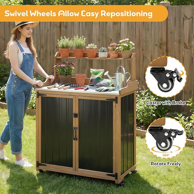 Potting Bench Table & Outdoor Storage Cabinet with Lockable Wheels, Adjustable Shelves, Mobile Waterproof Metal Top Workstation for Garden Patio BBQ Organization, Magnetic Latch & Edge Guard - Image 4