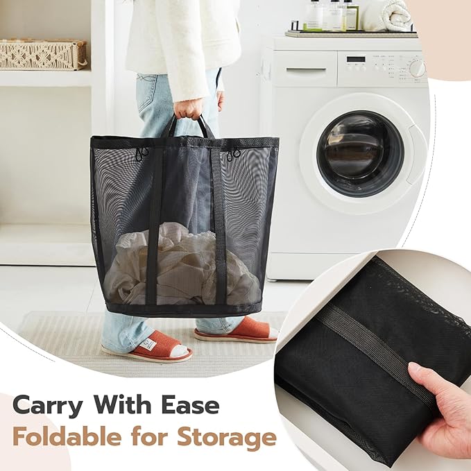 Mesh Laundry bag with Handles, 42L Collapsible Laundry Basket with 2 Hooks - Image 4