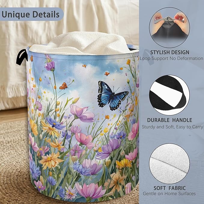 Wildflowers Butterfly Laundry Basket, Floral Garden Oxford Cloth Laundry Hamper - Image 3