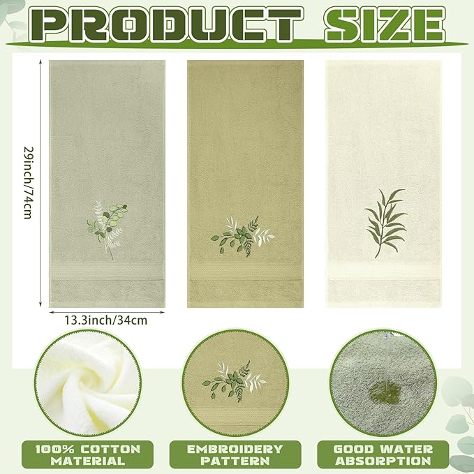 Eucalyptus Leaves Hand Towels Farmhouse Green Bathroom Decor 14x29 Inch - Image 2
