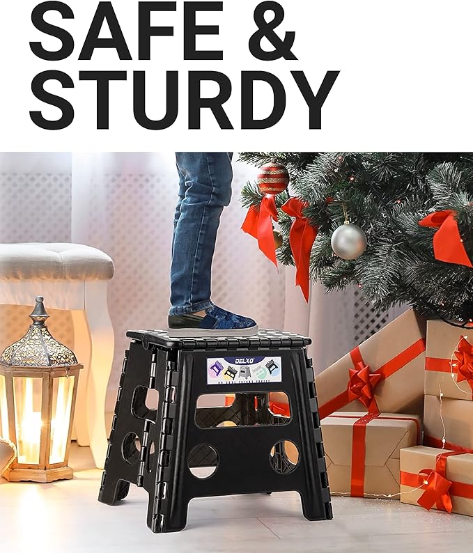 Delxo Folding Step Stool, 13 inch Non-Slip Foldable Stools Up to 300 LBS, Step Stool with Handle, Lightweight for Kitchen, Bathroom, Bedroom, Garden, Black, 1PC - Image 5