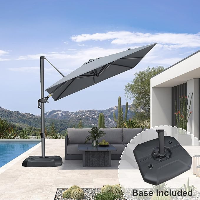 PURPLE LEAF 8 Feet Square Cantilever Umbrella Patio Umbrella with Base Outdoor Umbrella Aluminum Offset with 360-degree Rotation for Garden Deck Pool Patio Light Grey - Image 3