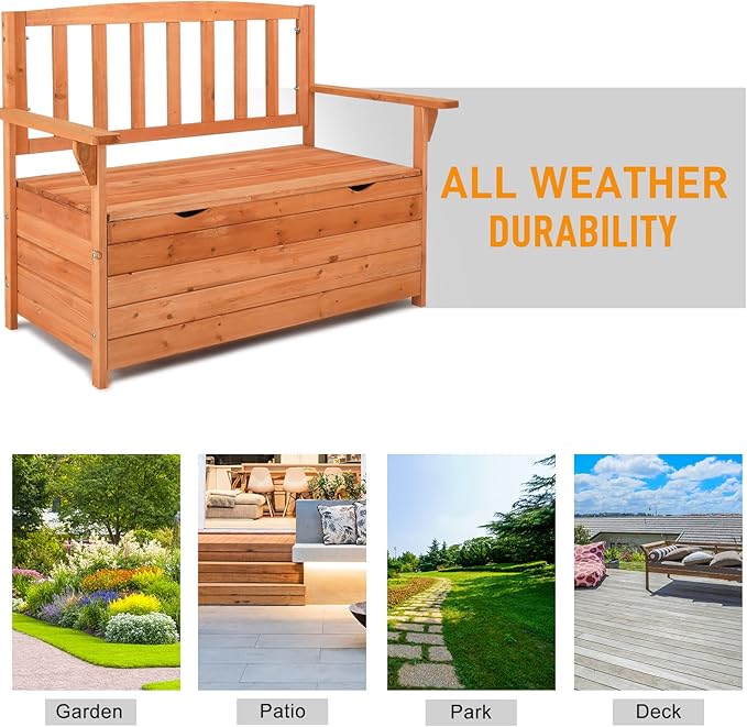 Outvita Outdoor Wood Storage Bench, Wooden Large Deck Box with Seating & Armrest, Waterproof Patio Organizer Loveseat for Garden Porch Deck Backyard Poolside, Natural - Image 7