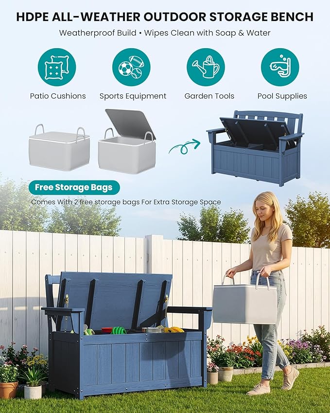 SERWALL HDPE Outdoor Storage Bench, All-Weather, UV-Resistant Deck Box with Waterproof Storage Bags, 57 Gallon Dual-Use Seat & Organizer Deck Boxes for Patio, Garden Tools & Pool (Navy Blue) - Image 8