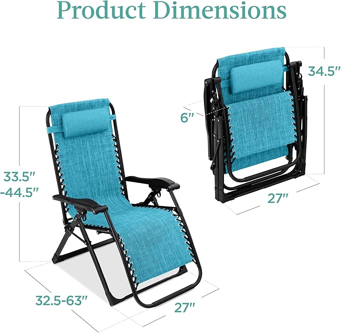 Best Choice Products Oversized Zero Gravity Chair, Folding Outdoor Patio Recliner, XL Anti Gravity Lounger w/Removable Cushion, Cup Holder, Side Tray, 350lb Capacity - Light Blue - Image 2