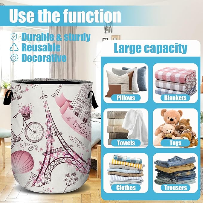 Romantic Paris Eiffel Tower Laundry Basket, Laundry Hamper Collapsible Oxford - Image 3