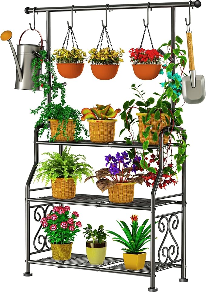 GIOTORENT Plant Stand Indoor, 3-Tier Heavy Duty Metal Shelf for Patio & Indoor, Tall Plant Holds 14+ Plants with 5 Hooks, Rust-Proof Plant Holder for Garden, Balcony, Living Room, Black by GIOTORENT