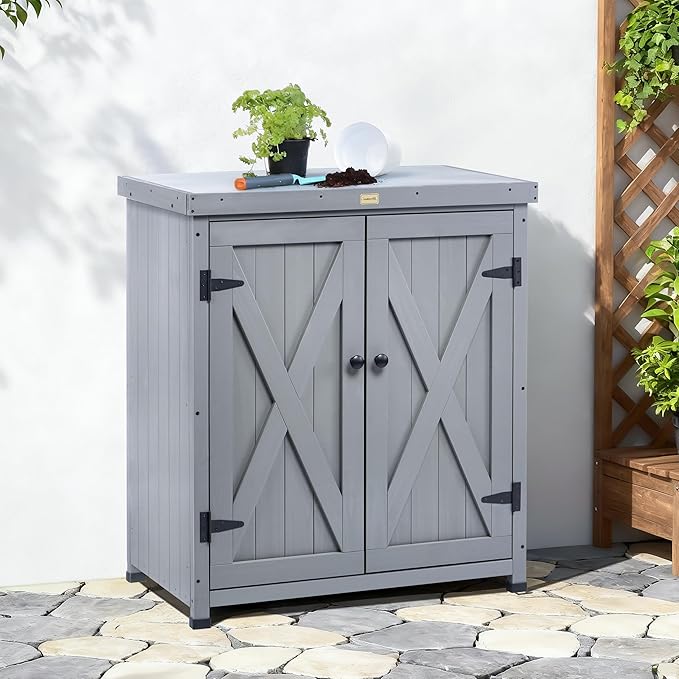 HABAU Outdoor Storage Cabinets Weatherproof for Patio, Garden Work Bench with Shelves & Metal Tabletop, Wooden Potting Table Workstation - Image 2