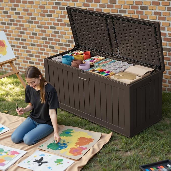 Patiowell 240 Gallon Large Outdoor Storage Box, Waterproof Deck Box with Fixed Divider, Lockable and Durable Patio Storage Solution for Patio Furniture and Garden Tools (Brown) - Image 2