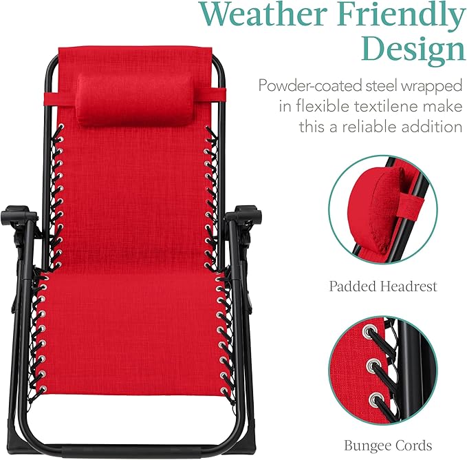 Best Choice Products Oversized Zero Gravity Chair, Folding Outdoor Patio Recliner, XL Anti Gravity Lounger w/Removable Cushion, Cup Holder, Side Tray, 350lb Capacity - Crimson Red - Image 4