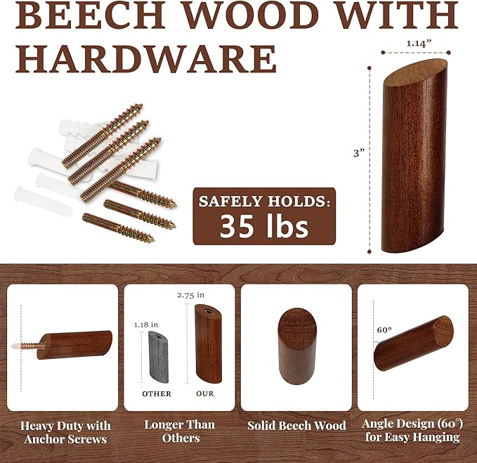 evory 6 Pack Wood Wall Hooks, Rustic Wooden Coat Hooks Wall Mount, Hat Hooks - Image 4