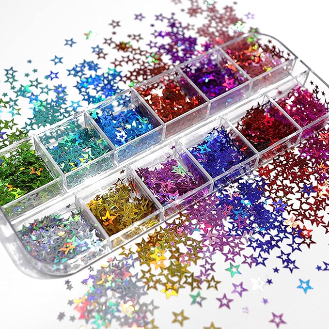 12 Colors Star Nail Art Glitter Sequins, 3D Five-Pointed Star Nail Flakes by VezocimManicureArt