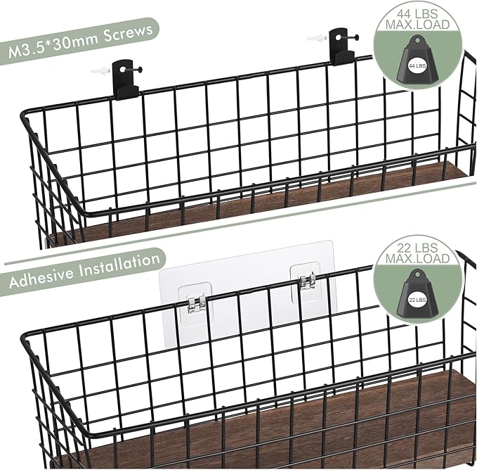 Wall Hanging Baskets 3 Pack, Diversified Wire Basket Shelves of Wooden Style - Image 3