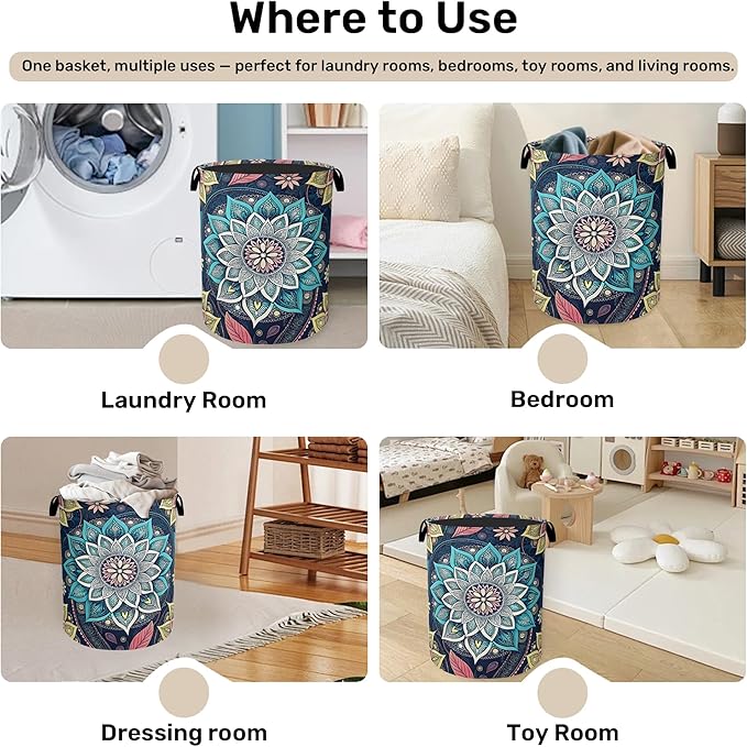 Bohemian Blue Flowers Laundry Basket, Dirty Clothes Basket, Water Resistant - Image 4