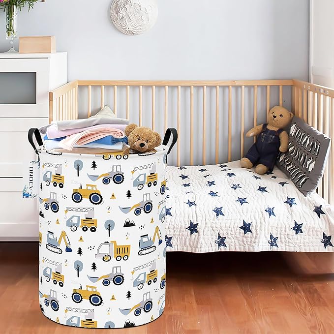 Round Foldable Laundry Hamper Kids Forest Vehicles Excavator Boys Gift Basket - Image 5