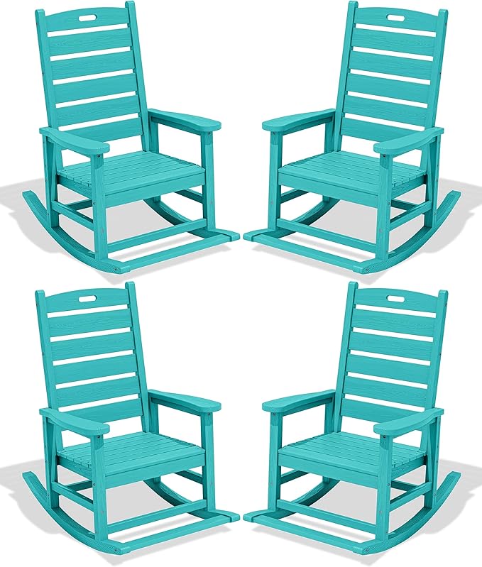 SERWALL Outdoor Rocking Chair Set of 4, Oversized HDPE Patio Rocking Chair with Footrest for Adults, All Weather Porch Rocker for Deck Patio Balcony, Aruba by SERWALL