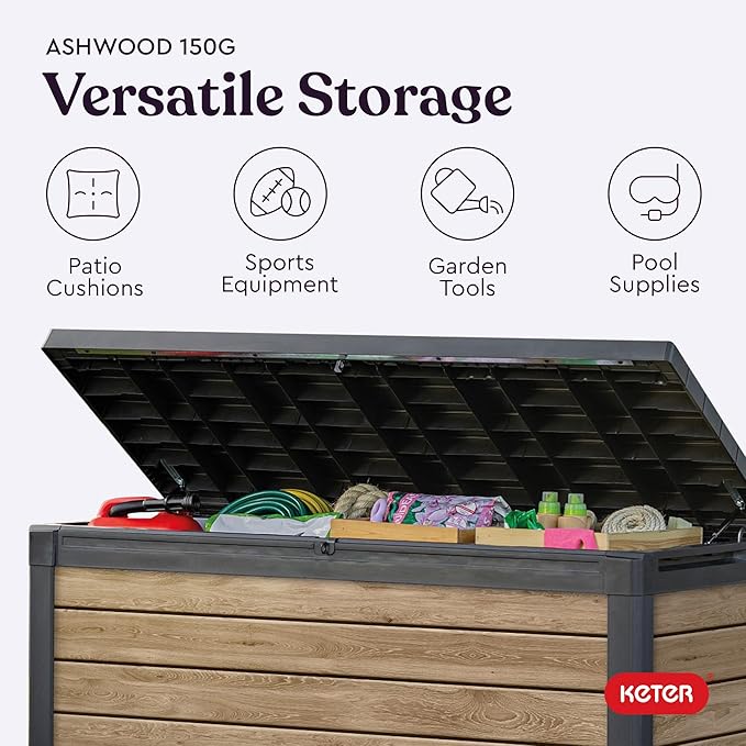 Keter Signature Collection 150 Gallon Resin Deck Box Organization and Storage Box for Patio Outdoor Cushions, Throw Pillows, Garden Tools and Pool Supplies, Ashwood - Image 8