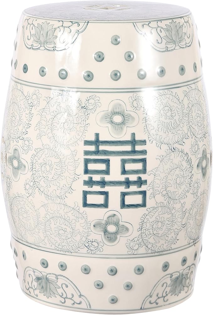 JONATHAN Y TBL1013C Double Happiness 18" Chinoiserie Ceramic Drum Indoor/Outdoor Garden Stool Bohemian, Coastal, Classic, Cottage, Traditional, Patio, Garden, Bathroom, Living Room, Gray Blue/White by JONATHANY