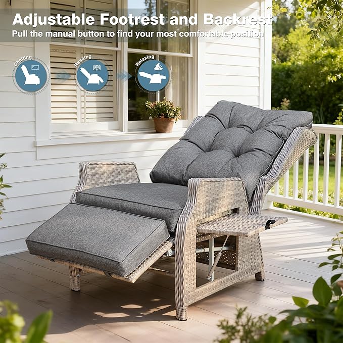 Outdoor Recliner with Adjustable Back and Footrest, Patio 150° Lay Flat Recliner with Flip Table Wicker Reclining Lounge Chair, Grey with Beige Wicker - Image 4