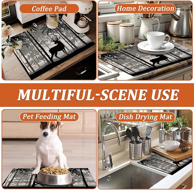 Forest Deer Dish Drying Mat for Kitchen Counter Microfiber Absorbent Dish Birch - Image 7