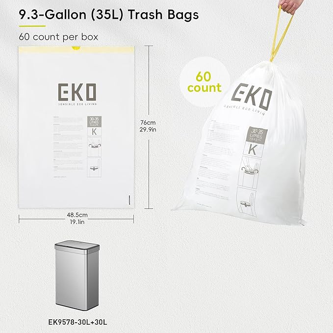 EKO 9.3 Gallon / 30–35 Liter Drawstring Trash Bags, Extra-Strong Leak-Resistant - Image 7