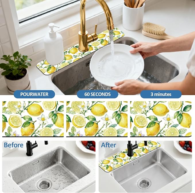 2 Pcs Kitchen Sink Splash Guard Faucet Mats Lemon Pattern Faucet Mat - Image 5
