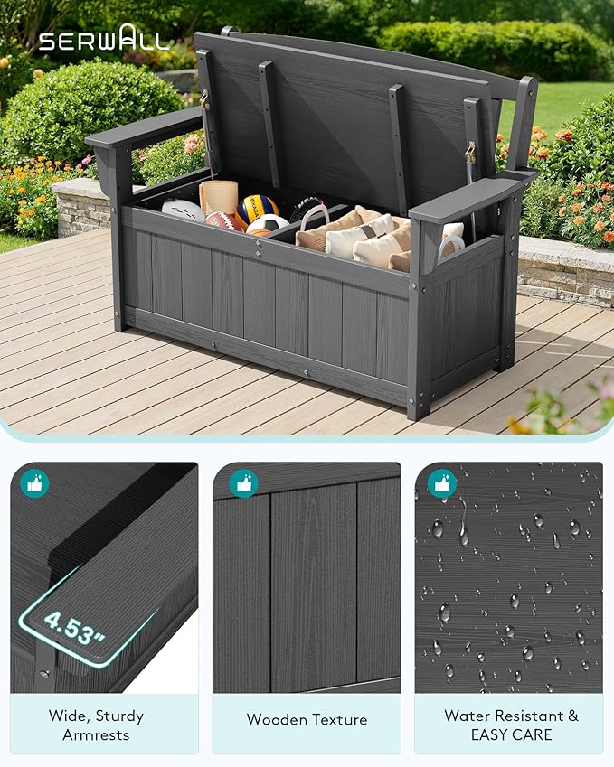 SERWALL HDPE Outdoor Storage Bench, All-Weather, UV-Resistant Deck Box with Waterproof Storage Bags, 57 Gallon Dual-Use Seat & Organizer Deck Boxes for Patio, Garden Tools & Pool (Gray) - Image 6
