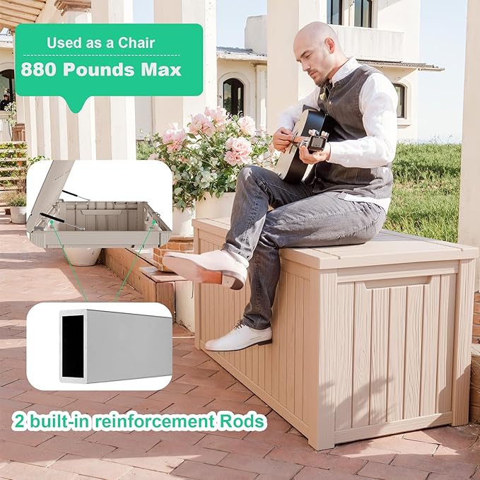 200 Gallon Resin Deck Box, Lockable Patio Outdoor Storage Box for Furniture, Garden Tools and Tools Storage, Waterproof Outside Storage Boxes - Grey - Image 6