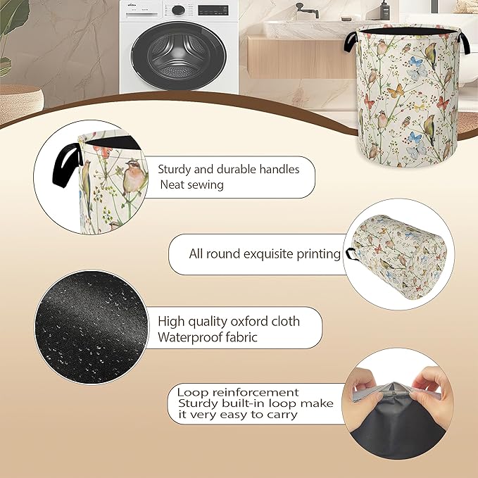 Laundry Hamper, Watercolor Bird Laundry Basket, Spring Flower Butterfly - Image 5