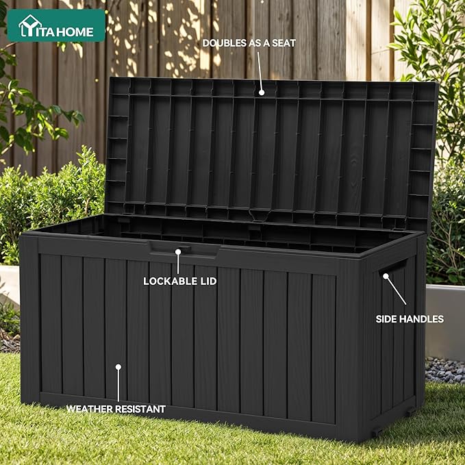 YITAHOME 72 Gallon Outdoor Resin Deck Box with Wheels, Pool Storage Box for Outdoor Cushions, Sports Equipment, Garden Tools, Black - Image 3