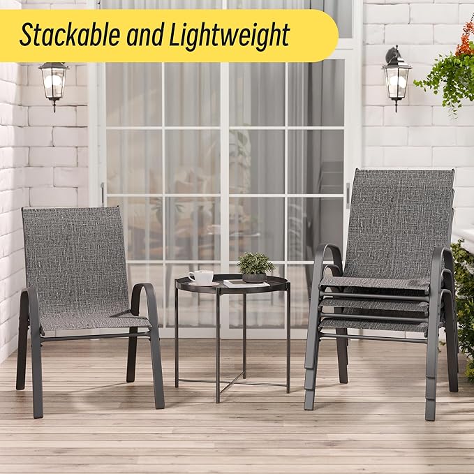 Betterhood Patio Chairs Set of 2, Stackable Outdoor Dining Chairs Set with Breathable Seat Fabric, All-Weather Powder-Coated Metal Frame for Deck, Pool Side and Backyard, 350LBS Capacity (Grey) - Image 3