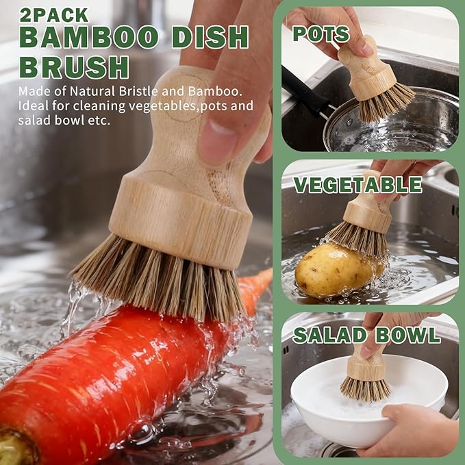 6 Pack Bamboo Dish Brush Set - Image 3