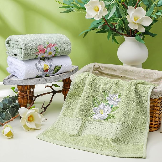 Magnolia Floral Hand Towels Farmhouse Green White Magnolia Bathroom Decor 14x29 - Image 5