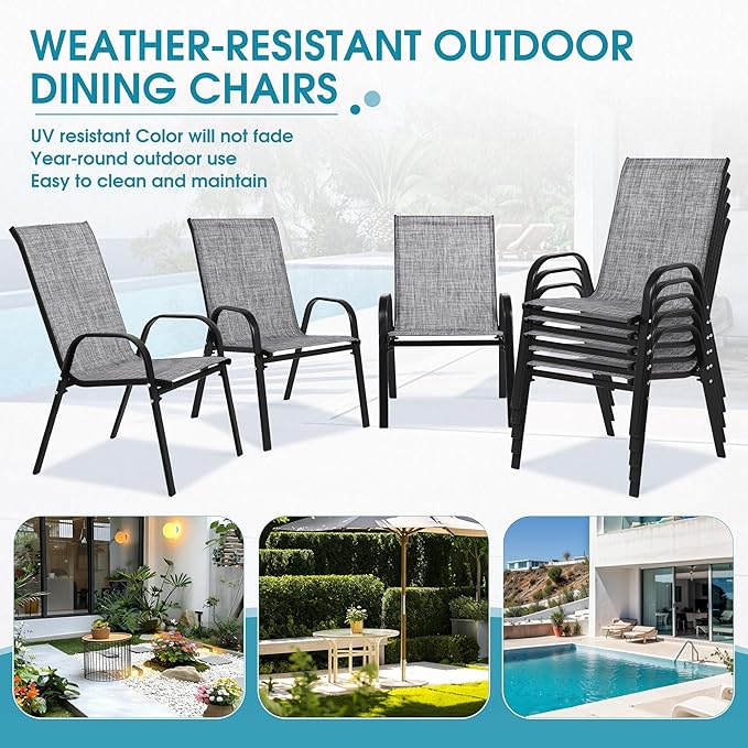 Outdoor Stackable Chairs Set of 8, Stacking Patio Chairs with Textilene Fabric, Outside Furniture for Garden Backyard Balconie Poolside Deck, Grey - Image 6