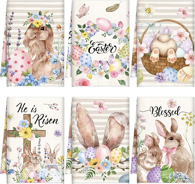 Breling Set of 6 Easter Decorations Happy Easter Kitchen Towels Rabbit Dish by Breling