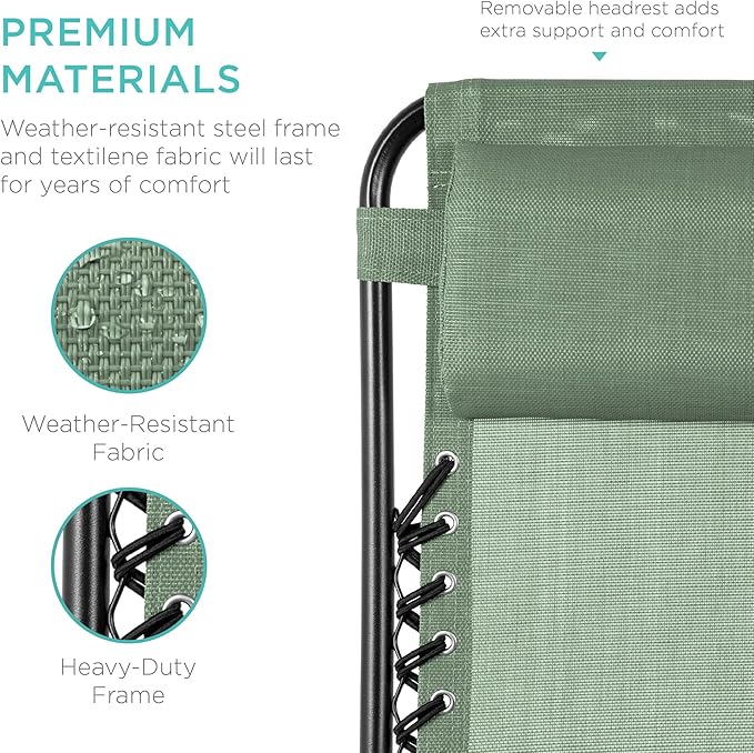 Best Choice Products Set of 2 Adjustable Steel Mesh Zero Gravity Lounge Chair Recliners w/Pillows and Cup Holder Trays - Sage Green - Image 7