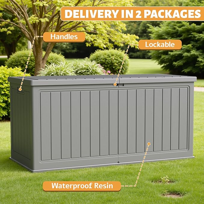 Flamaker Resin Deck Box 270 Gallon, Waterproof Imitation-Wood Lockable Storage Box with Separator Plate Outdoor Indoor, Garden, Patio Furniture for Tools&Pool Accessories (Gray) - Image 3