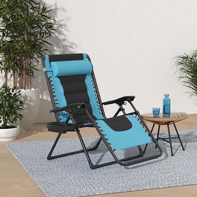 Best Choice Products Oversized Padded Zero Gravity Chair, Folding Outdoor Patio Recliner, XL Anti Gravity Lounger for Backyard w/Headrest, Cup Holder, Side Tray, Polyester Mesh - Light Blue/Black - Image 2