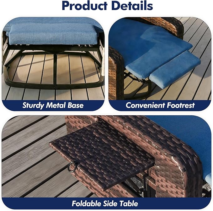 Outdoor Recliner Chair, Wicker Patio Recliners with Adjustable Backrest and Extended Foot Rest, Reclining Patio Chairs with Flip Table & Removable Cushion Cover for Porch - Image 7