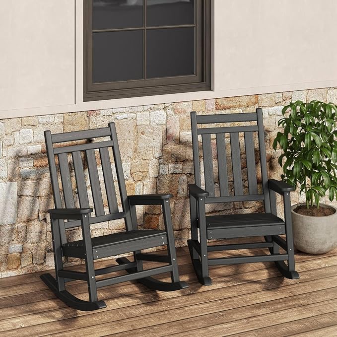 HDPE Rocking Chair Outdoor Set of 2 - Poly High Back Porch Rocker Chairs for Adults - All Weather Resistant Furniture for Patio Front Porch - Black by Garvee