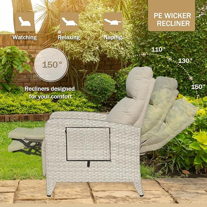 Outdoor Recliner Chairs Set of 2 Reclining Patio Chairs with Adjustable Back and Extended Footrest Wicker Rattan Recliner Chairs with Flip Table and Removable Cushion - Image 3