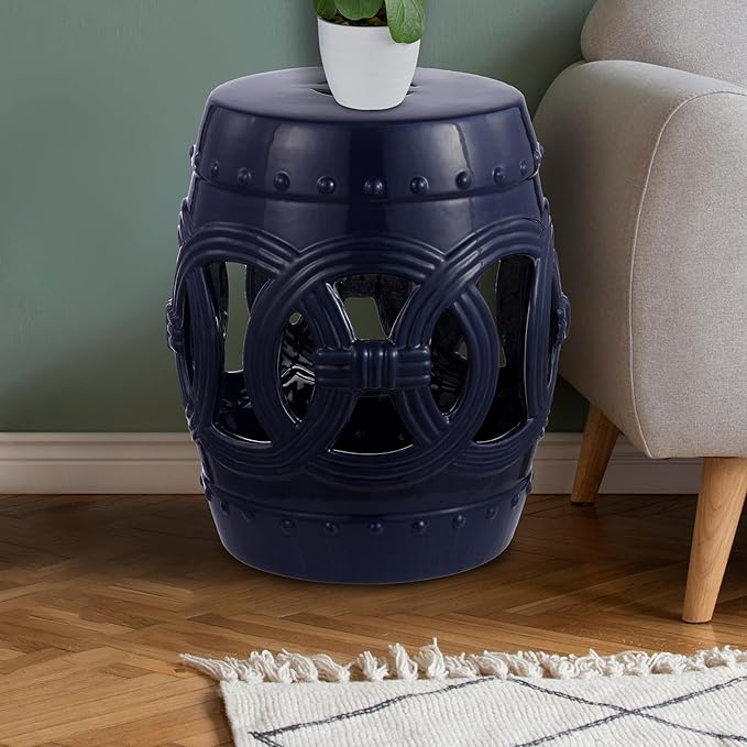JONATHAN Y TBL1022B Lucky Coins 16" Chinese Ceramic Drum Indoor/Outdoor Garden Stool Bohemian, Coastal, Classic, Cottage, French Country, Traditional, Side Table, Plant Stand, Spill-Proof, Navy - Image 4