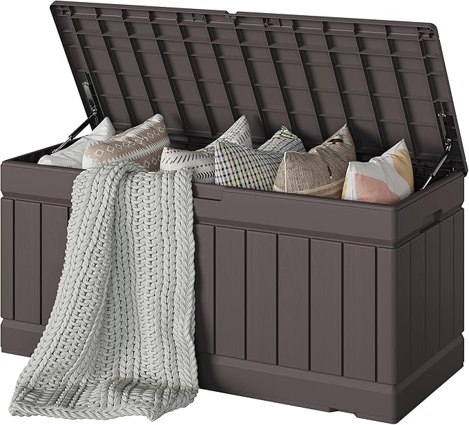 Devoko 78 Gallon Deck Box, Waterproof Resin Outdoor Storage Box for Outside and Patio, Outdoor Storage Bench Lockable for Patio Furniture, Garden Tools and Pool Supplies (Brown, 78 Gallon) by DEVOKO