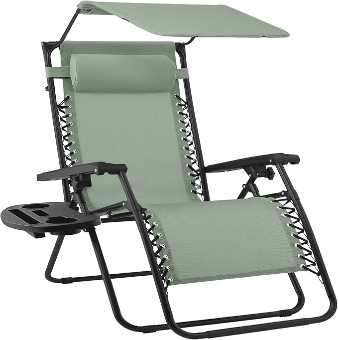 Best Choice Products 30” Wide Folding Zero Gravity Outdoor Recliner Patio Lounge Chair w/Adjustable Canopy Shade, Headrest, Side Accessory Tray - Sage Green by BestChoiceProducts