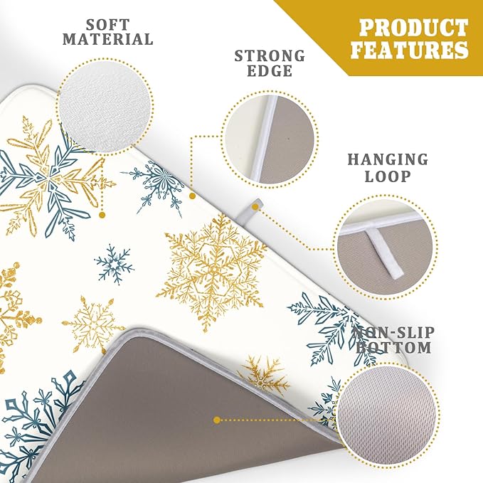 Winter Dish Drying Mat for Kitchen Counter Blue Golden Snowflake Holiday Xmas - Image 4