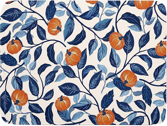 Autumn Pumpkin Dish Drying Mat for Kitchen Counter 18x24 Inch Blue and Orange by Kawani