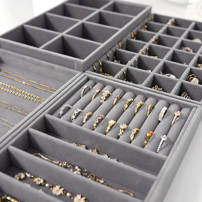 Velvet Jewelry Drawer Organizer Trays – Grey Stackable Jewelry Storage Inserts - Image 6