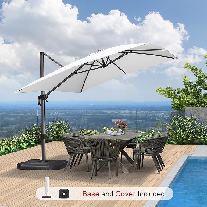 PURPLE LEAF 9'×11.5' Cantilever Patio Umbrella with Base Rectangle Offset Outdoor Umbrella Cover with Zipper for Garden Deck Pool White - Image 2